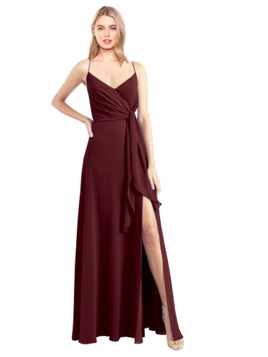Bordeaux foncé Trapèze Bretelles spaghetti Col V Mousseline Longue Robes demoiselle d'honneur Prix Réduit