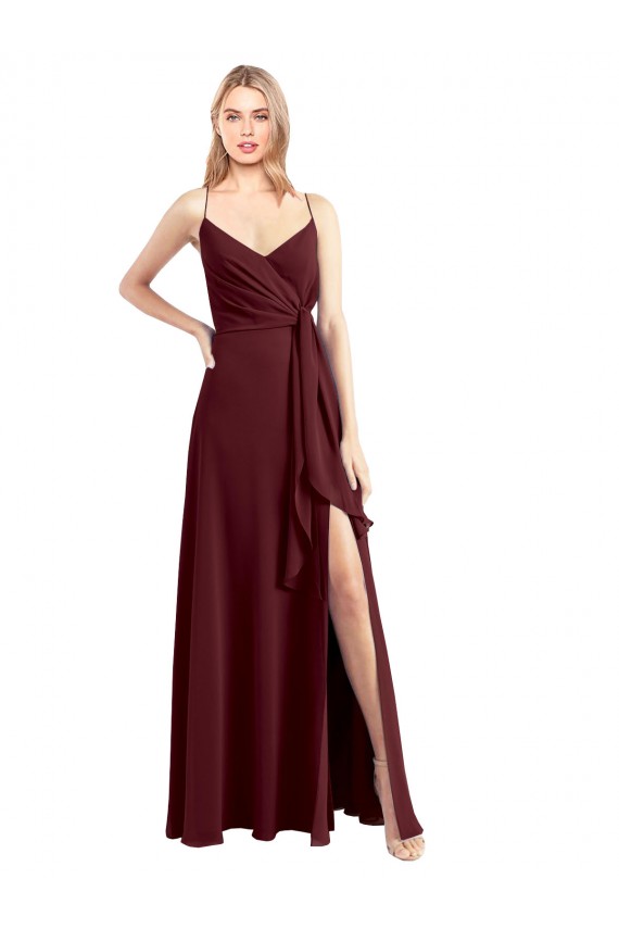 Bordeaux foncé Trapèze Bretelles spaghetti Col V Mousseline Longue Robes demoiselle d'honneur Prix Réduit