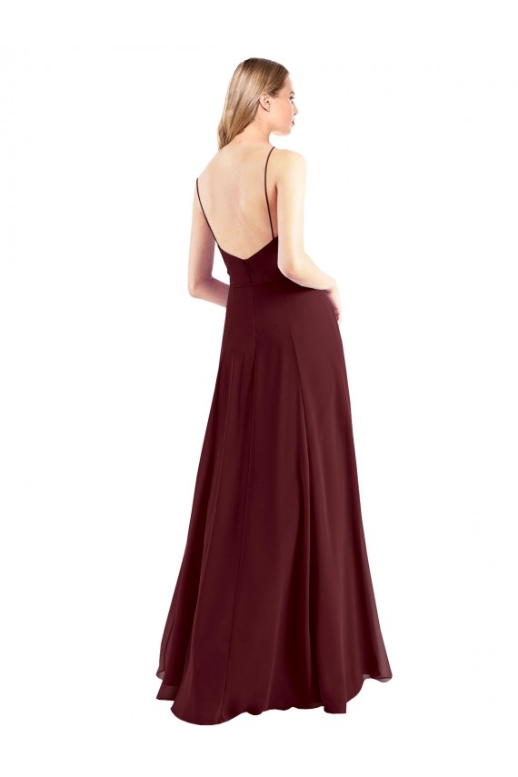 Bordeaux foncé Trapèze Bretelles spaghetti Col V Mousseline Longue Robes demoiselle d'honneur Prix Réduit