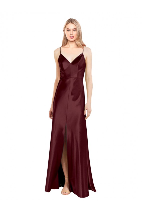 Bordeaux foncé Trapèze Bretelles spaghetti Col V Satiné Stretch Longue Formelles Robes demoiselle d'honneur / Robes de soirée / Robes de bal Prix Réduit