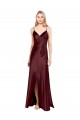 Bordeaux foncé Trapèze Bretelles spaghetti Col V Satiné Stretch Longue Formelles Robes demoiselle d'honneur / Robes de soirée / Robes de bal Prix Réduit