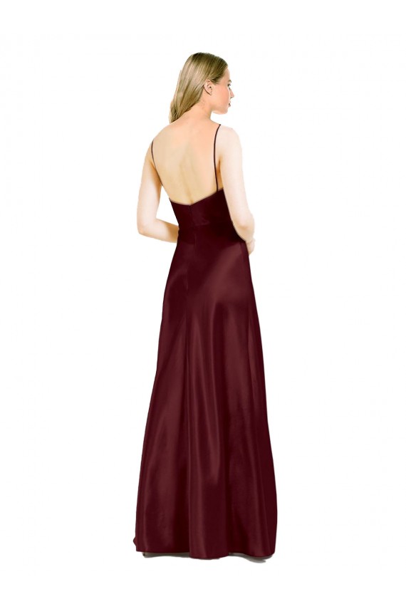 Bordeaux foncé Trapèze Bretelles spaghetti Col V Satiné Stretch Longue Formelles Robes demoiselle d'honneur / Robes de soirée / Robes de bal Prix Réduit