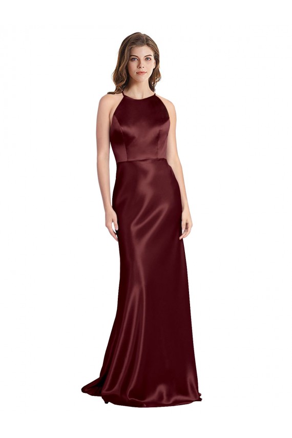 Bordeaux foncé Trapèze Bretelles spaghetti Col V Satiné Stretch Longue Formelles Robes demoiselle d'honneur / Robes de soirée / Robes de bal Prix Réduit