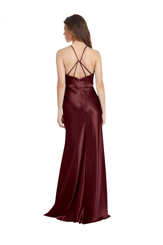 Bordeaux foncé Trapèze Bretelles spaghetti Col V Satiné Stretch Longue Formelles Robes demoiselle d'honneur / Robes de soirée / Robes de bal Prix Réduit