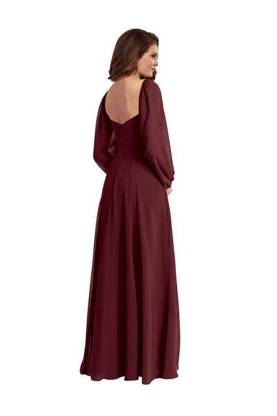 Bordeaux foncé Trapèze Col Carré Mousseline Longue Robes demoiselle d'honneur Prix Réduit
