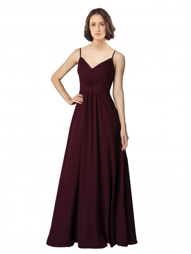 Bordeaux foncé Trapèze Col V Mousseline Longue Robes demoiselle d'honneur Prix Réduit