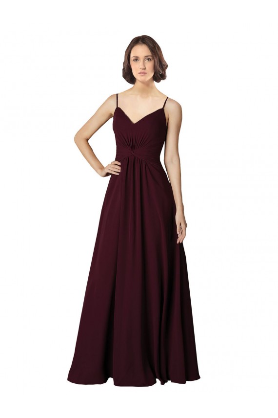 Bordeaux foncé Trapèze Col V Mousseline Longue Robes demoiselle d'honneur Prix Réduit