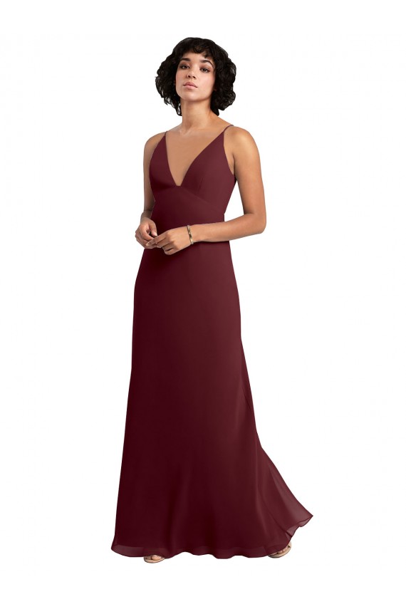 Bordeaux foncé Trapèze Col V Mousseline Longue Robes demoiselle d'honneur Prix Réduit
