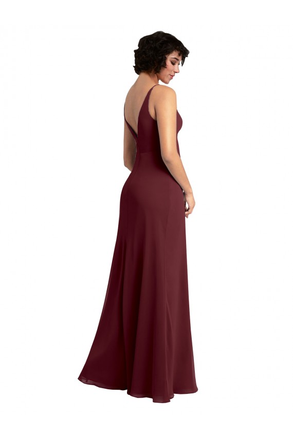 Bordeaux foncé Trapèze Col V Mousseline Longue Robes demoiselle d'honneur Prix Réduit
