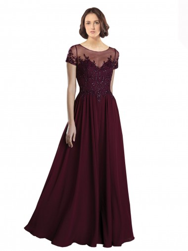 Bordeaux foncé Trapèze Col bijou Tulle Mousseline Longue Robes demoiselle d'honneur Prix Réduit