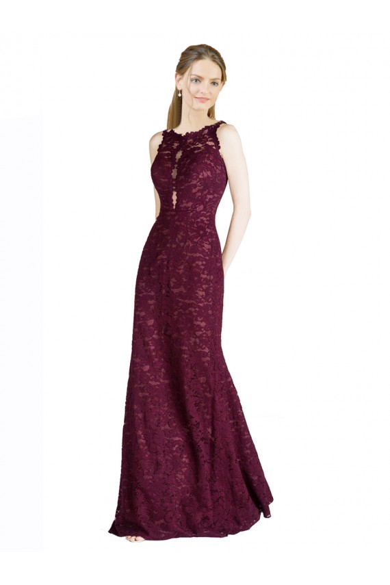 Bordeaux foncé Trapèze Illusion Col Haut Dentelle Longue Robes demoiselle d'honneur / Robes de bal Prix Réduit
