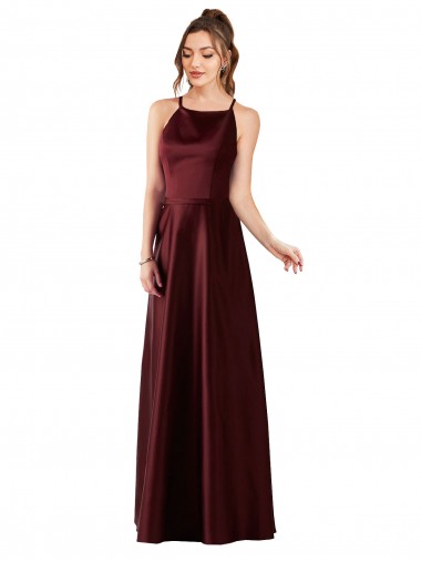 Bordeaux foncé Trapèze Licou Satiné Longue Robes demoiselle d'honneur / Robes de bal Prix Réduit