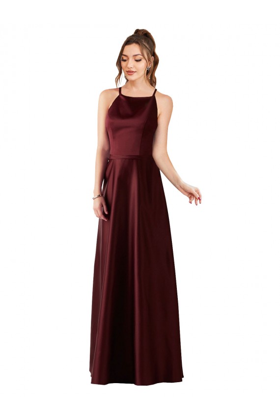Bordeaux foncé Trapèze Licou Satiné Longue Robes demoiselle d'honneur / Robes de bal Prix Réduit