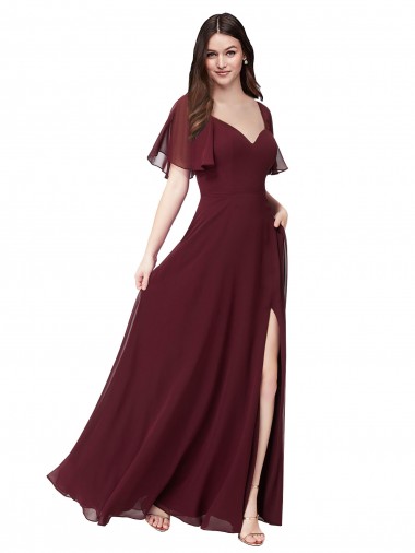 Bordeaux foncé Trapèze Mousseline Longue Robes demoiselle d'honneur Prix Réduit