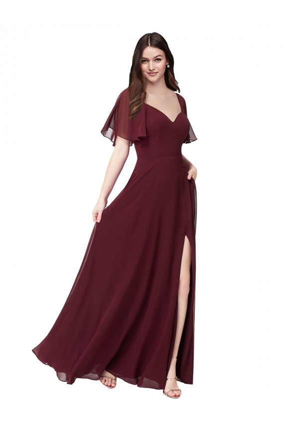 Bordeaux foncé Trapèze Mousseline Longue Robes demoiselle d'honneur Prix Réduit