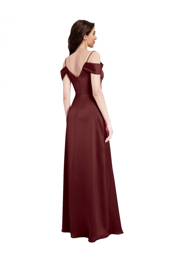 Bordeaux foncé Trapèze Épaule Dénudée Col V Satiné Stretch Longue Formelles Robes demoiselle d'honneur / Robes de soirée / Robes de bal Prix Réduit