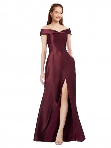 Bordeaux foncé Trapèze Épaule Dénudée Sans bretelle Satiné Longue Formelles Robes demoiselle d'honneur / Robes de soirée / Robes de bal Prix Réduit