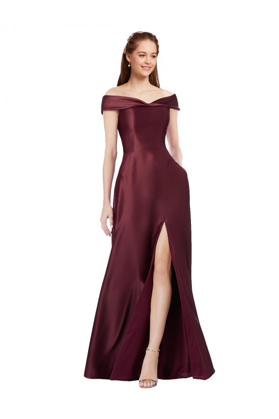 Bordeaux foncé Trapèze Épaule Dénudée Sans bretelle Satiné Longue Formelles Robes demoiselle d'honneur / Robes de soirée / Robes de bal Prix Réduit