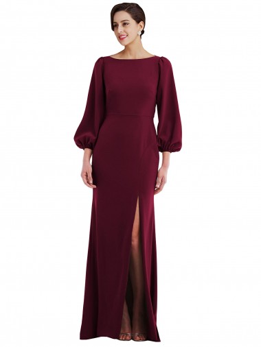 Bordeaux foncé Trompette Bateau Crêpe Stretch Longue Formelles Robes demoiselle d'honneur / Robes de soirée / Robes de bal Prix Réduit