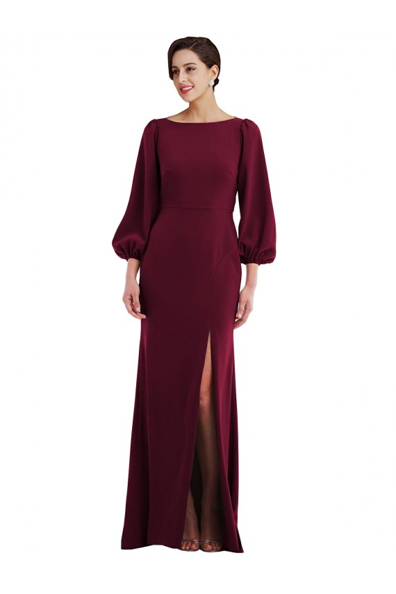 Bordeaux foncé Trompette Bateau Crêpe Stretch Longue Formelles Robes demoiselle d'honneur / Robes de soirée / Robes de bal Prix Réduit