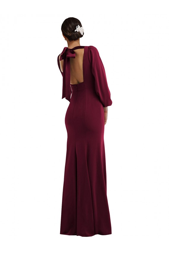 Bordeaux foncé Trompette Bateau Crêpe Stretch Longue Formelles Robes demoiselle d'honneur / Robes de soirée / Robes de bal Prix Réduit