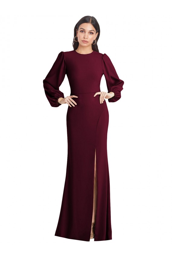 Bordeaux foncé Trompette Bateau Crêpe Stretch Longue Formelles Robes demoiselle d'honneur / Robes de soirée / Robes de bal Prix Réduit