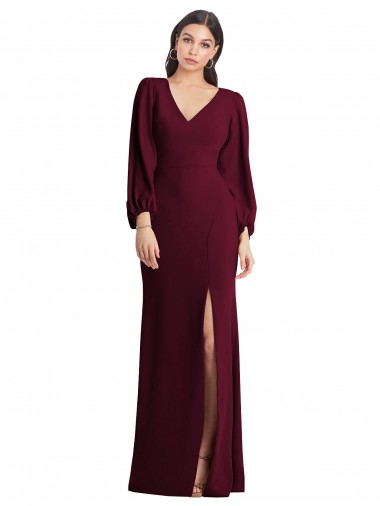 Bordeaux foncé Trompette Col V Crêpe Stretch Longue Robes demoiselle d'honneur / Robes de bal Prix Réduit