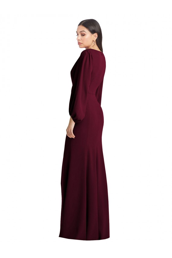 Bordeaux foncé Trompette Col V Crêpe Stretch Longue Robes demoiselle d'honneur / Robes de bal Prix Réduit