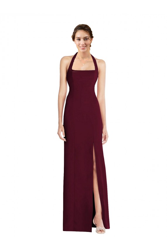 Bordeaux foncé Trompette Licou Crêpe Stretch Longue Robes demoiselle d'honneur / Robes de bal Prix Réduit