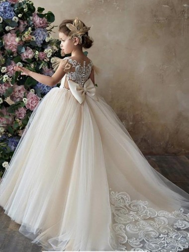 Champagne Princesse Tulle Dentelle Longue Robes de demoiselle d'honneur - fillette Prix Réduit