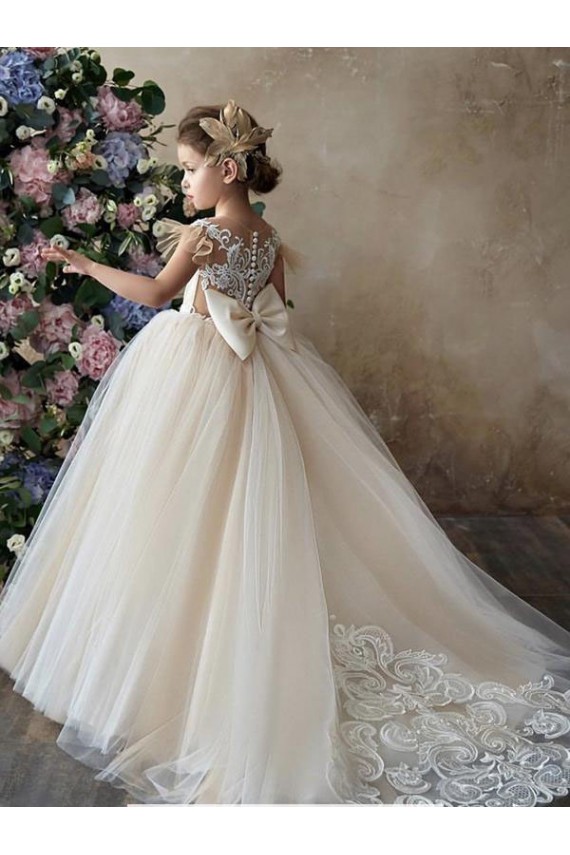 Champagne Princesse Tulle Dentelle Longue Robes de demoiselle d'honneur - fillette Prix Réduit