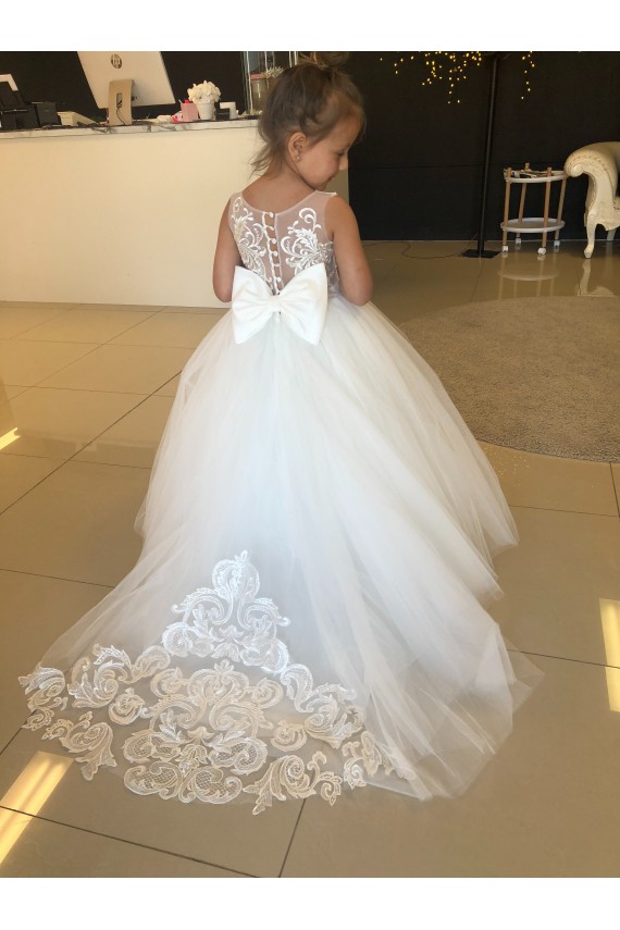 Champagne Princesse Tulle Dentelle Longue Robes de demoiselle d'honneur - fillette Prix Réduit