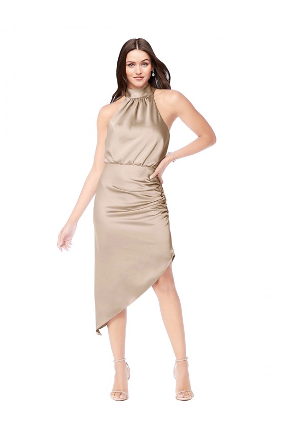 Champagne Rose Trapèze Licou midi Satiné Soyeux Courte Asymétrique Robes demoiselle d'honneur / Robes de bal / Robes de cocktail Prix Réduit