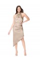 Champagne Rose Trapèze Licou midi Satiné Soyeux Courte Asymétrique Robes demoiselle d'honneur / Robes de bal / Robes de cocktail Prix Réduit