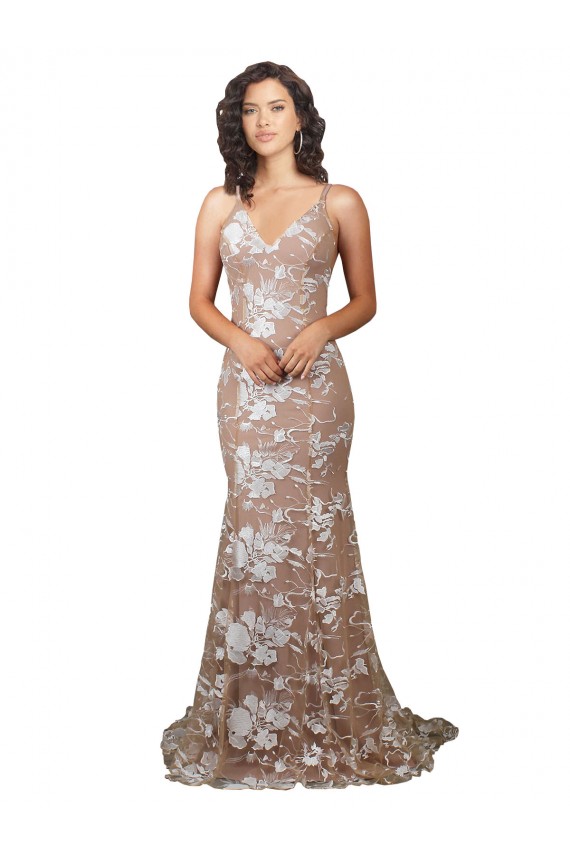 Champagne Sirène Col V Balayage train Dentelle Robes de mariée Prix Réduit