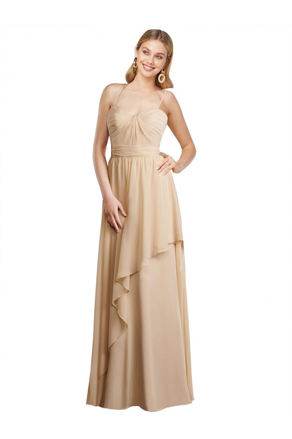 Champagne Trapèze Bretelles spaghetti Mousseline Longue Robes demoiselle d'honneur Prix Réduit