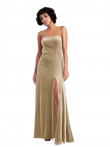 Champagne Trapèze Col Carré Velours Stretch Longue Formelles Robes demoiselle d'honneur / Robes de soirée / Robes de bal Prix Réduit