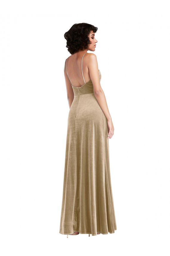 Champagne Trapèze Col Carré Velours Stretch Longue Formelles Robes demoiselle d'honneur / Robes de soirée / Robes de bal Prix Réduit