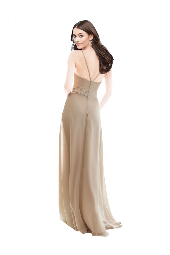 Champagne Trapèze Col Haut Mousseline Longue Robes demoiselle d'honneur Prix Réduit