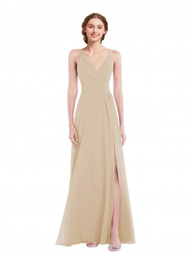 Champagne Trapèze Col V Mousseline Longue Robes demoiselle d'honneur Prix Réduit