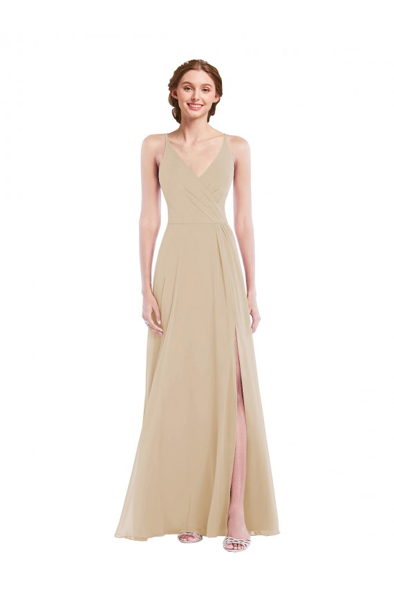 Champagne Trapèze Col V Mousseline Longue Robes demoiselle d'honneur Prix Réduit