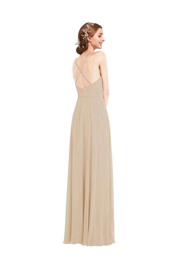 Champagne Trapèze Col V Mousseline Longue Robes demoiselle d'honneur Prix Réduit