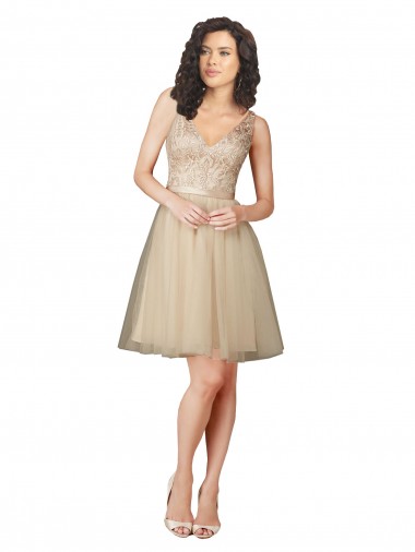 Champagne Trapèze Col V Tulle Dentelle Courte Robes demoiselle d'honneur Prix Réduit