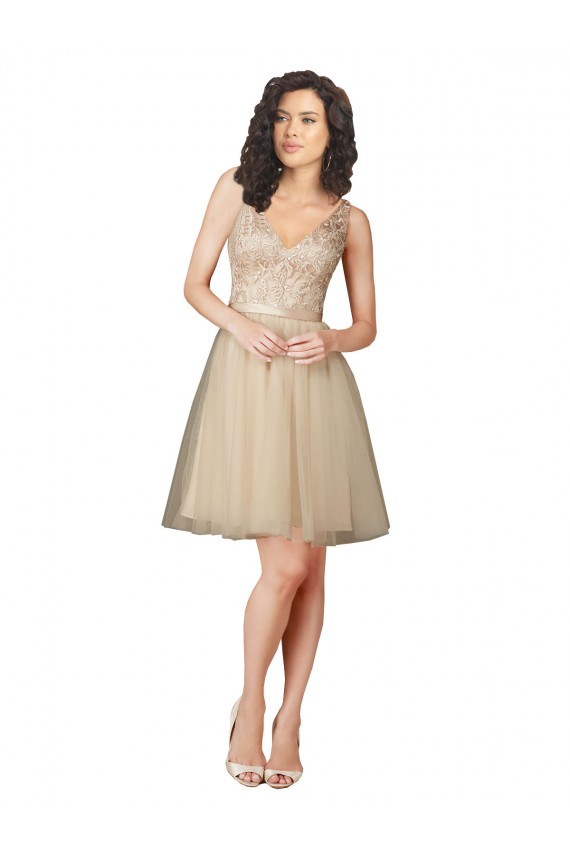 Champagne Trapèze Col V Tulle Dentelle Courte Robes demoiselle d'honneur Prix Réduit