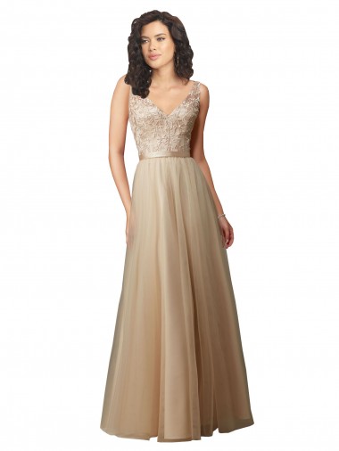 Champagne Trapèze Col V Tulle Dentelle Longue Robes demoiselle d'honneur Prix Réduit