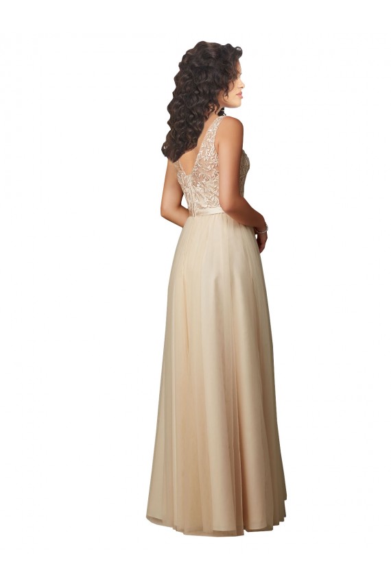 Champagne Trapèze Col V Tulle Dentelle Longue Robes demoiselle d'honneur Prix Réduit