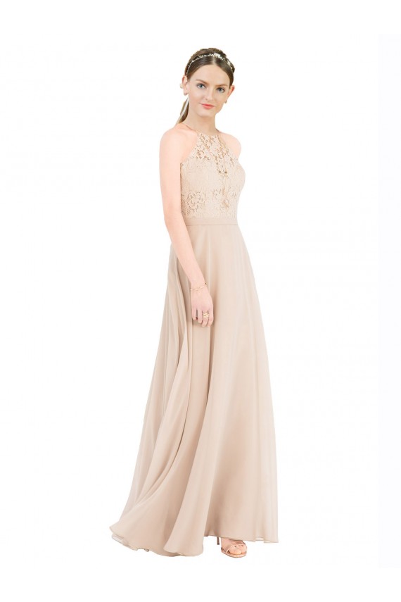 Champagne Trapèze Licou Col Haut Mousseline Dentelle Longue Robes demoiselle d'honneur / Robes de bal Prix Réduit