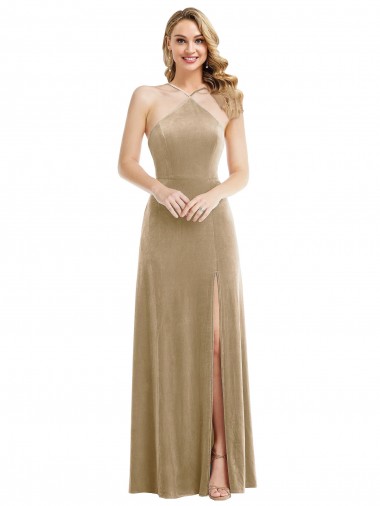 Champagne Trapèze Licou Col Haut Velours Stretch Longue Robes demoiselle d'honneur / Robes de bal Prix Réduit