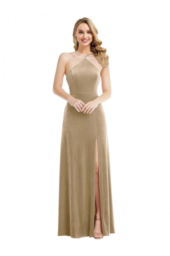 Champagne Trapèze Licou Col Haut Velours Stretch Longue Robes demoiselle d'honneur / Robes de bal Prix Réduit