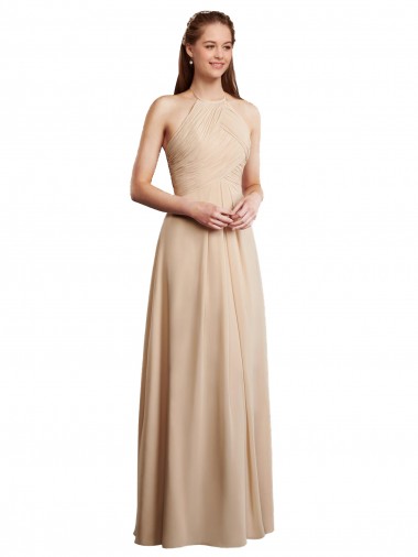 Champagne Trapèze Licou Mousseline Longue Robes demoiselle d'honneur Prix Réduit
